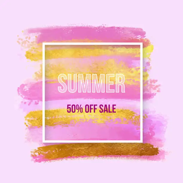 Vector illustration of Summer Sale Poster. Hand Drawn Gold Foil Textured Multi Colored Paint Brush Strokes Background. Vibrant Colored Brush Strokes Clip Art. Elegant Texture Design Element for Greeting Cards, Business Cards and Labels, Abstract Background.