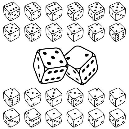 Isolated dice icons viewed from 24 different angles showing every possible 3 face number combination. Outline thickness can be easily changed.