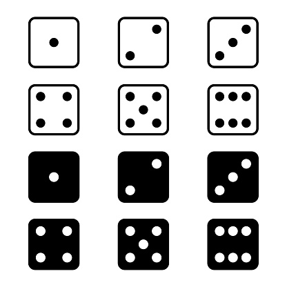 Single color isolated dice icons showing all 6 number faces. Silhouette and outline versions. Outline thickness can be easily changed.