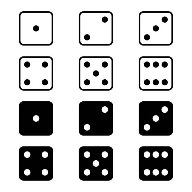 Flat Dice Icons Set Single color isolated dice icons showing all 6 number faces. Silhouette and outline versions. Outline thickness can be easily changed. dice stock illustrations