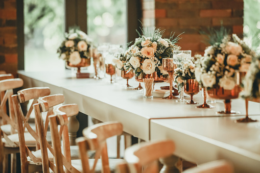 in backyard of villa in Tuscany there is banquet wooden table decorated with cotton and eucalyptus compositions, glasses, candles and plates are placed on table, transparent chairs are next to them