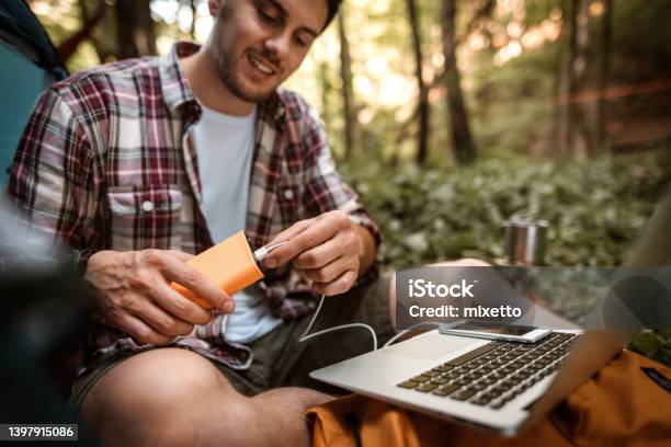 Digital Nomad Stock Photo - Download Image Now - Power Bank, Outdoors, Camping