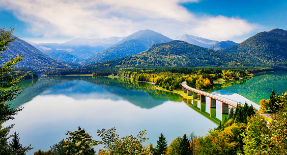 Lake Sylvenstein in Autumn, Location: Bavaria, Alps, Germany