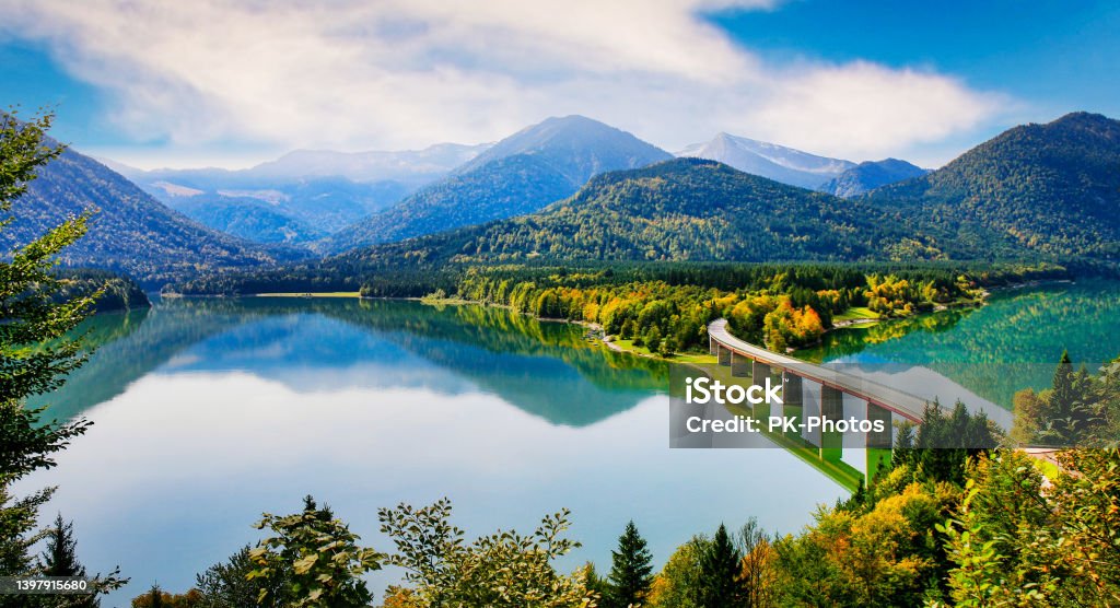 Lake Sylvenstein, Bavaria Alps, Germany Lake Sylvenstein in Autumn, Location: Bavaria, Alps, Germany Sylvenstein Lake Stock Photo