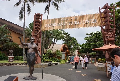 August 30, 2019: Statue of Hamana Kalili, father of the shaka sign in front of the Polynesian Cultural Center in Hawaii, USA.