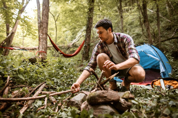 istock Young hiker preparing wood for campfire 1397916469