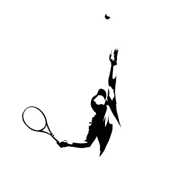 Vector illustration of Tennis player serving ball, isolated vector silhouette. Tennis logo