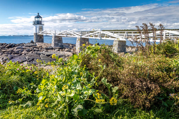 o farol de marshall point, port clyde, maine - new england pemaquid peninsula blue skies lighthouse - fotografias e filmes do acervo