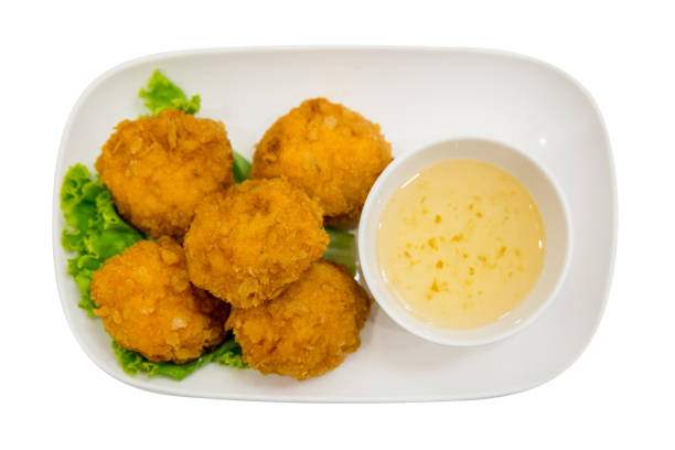 Top view of Deep fried Shrimp Cake with sweet sauce, focus selective