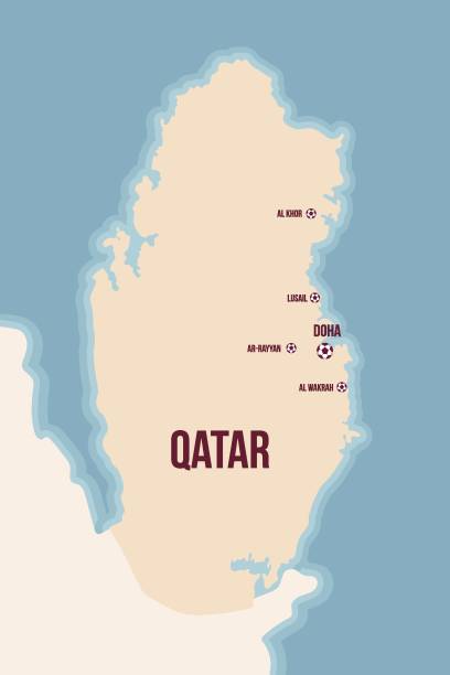 Illustrated map of Qatar with footballs and city names. Illustrated map of Qatar with footballs and city names. Colored map concerning world competition. Vector illustation qatar map stock illustrations