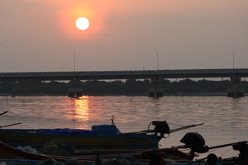 Beautiful Sunset and Evening scenery at Boat Yard, Ennore Creek is a backwater located at North Chennai, Tamil Nadu in India on February 1, 2020