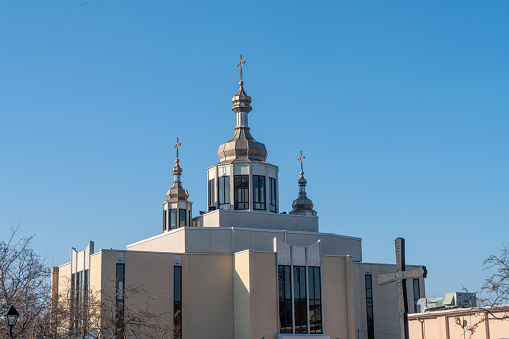 View of Salt Lake Temple against sky, Salt Lake City, Utah, USA.