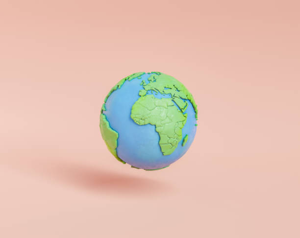 Earth globe with green continents 3D illustration of planet Earth with blue oceans and green continents levitating against pink background as ecology concept green clay stock pictures, royalty-free photos & images