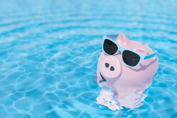 Piggy bank with sunglasses swimming in pool stock photo
