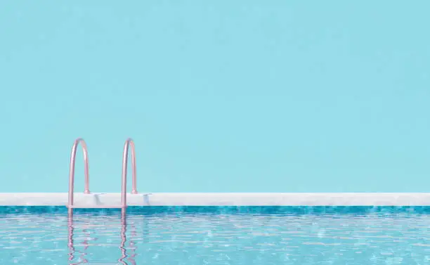 3D illustration of modern swimming pool with transparent clear water and ladder located against bright blue background