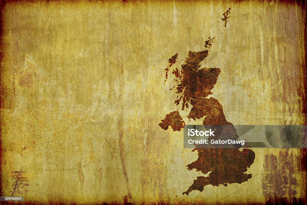 Antique Style Map of Great Britain Illustration of a grunge, antique style map of Great Britain (England, Ireland, Scotland and Wales) burned on to old wood board. With Copy-space for text. Map Stock Photo