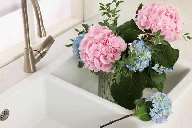 istock Vase with beautiful hortensia flowers in kitchen sink 1397929531