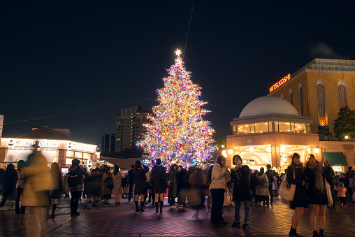 Tokyo, Japan - December 23, 2019: Christmas tree in Yebisu Garden Place and crowd of people.