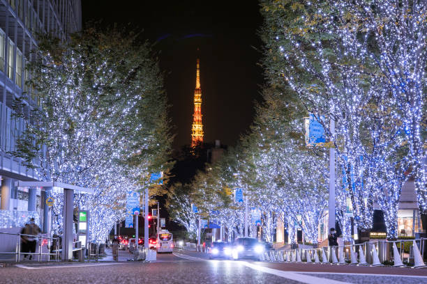 рождественские огни на холмах роппонги и в токийской башне - roppongi стоковые фото и изображения