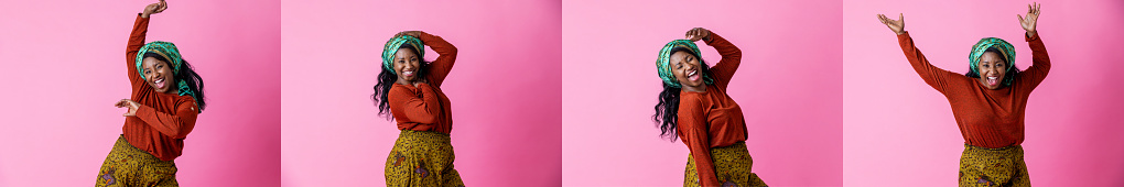 A composite image of portraits of a mid adult woman wearing a headscarf, dancing while looking at the camera and smiling. She is posing against a pink background.