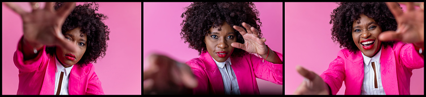 A composite image of portraits of a mid adult woman wearing a pink jacket reaching for the camera with different expressions on her face.