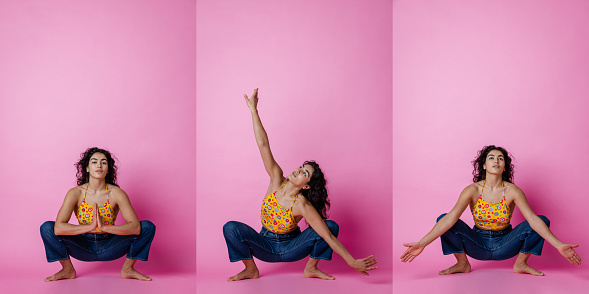 A vertical composite image of portraits of a young woman doing different yoga poses in front of a pink background. She is wearing jeans and a halter top while squatting and stretching.