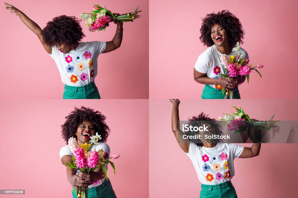 You're My Favourite Flower A composite image of portraits of a mid adult woman holding flowers and having fun with them while standing in front of a pink background. Flower Stock Photo