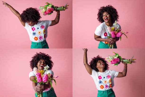 You're My Favourite Flower A composite image of portraits of a mid adult woman holding flowers and having fun with them while standing in front of a pink background. top honor stock pictures, royalty-free photos & images