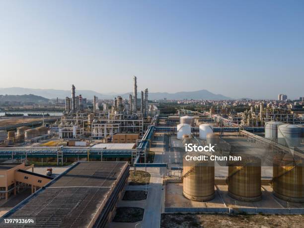 Aerial View Of Storage Tanks In Chemical Plant Stock Photo - Download Image Now - Desert Area, Factory, Gas