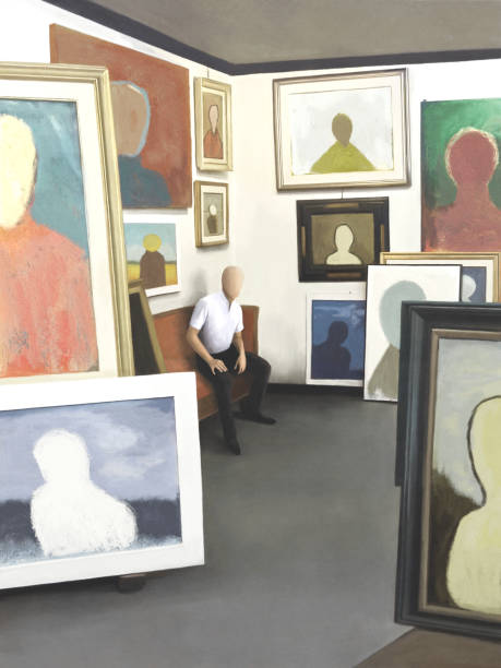 istock Illustration of faceless painter and his surreal art gallery, abstract identity obsession concept 1397933765