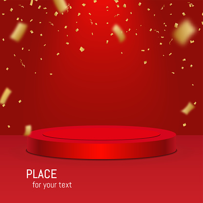 Abstract red podium with shiny golden confetti falling from above and phrase place for your text. Stage for victory congratulation. Vector illustration.