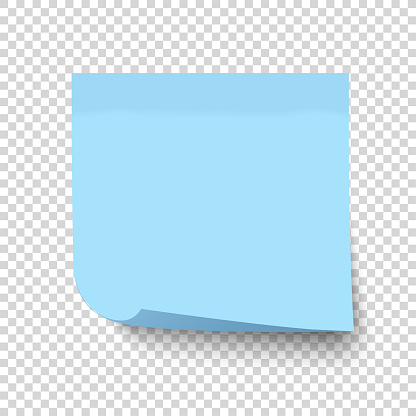 Vector illustration of empty blue sticky note crumpled on edge isolated on transparent background. Office paper sheet for leaning reminders.