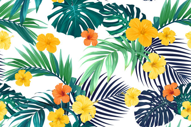 ilustrações, clipart, desenhos animados e ícones de padrão de vetor tropical desenhado à mão com flores de hibisco brilhantes e folhas de palmeira exóticas. - hawaiian culture hibiscus print pattern