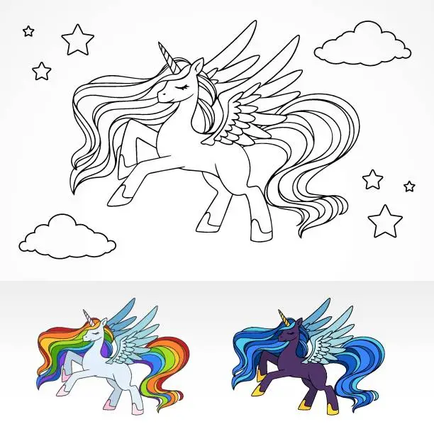 Vector illustration of Magical colourbook pegasus unicorn flying on night sky with colouring scheme examples