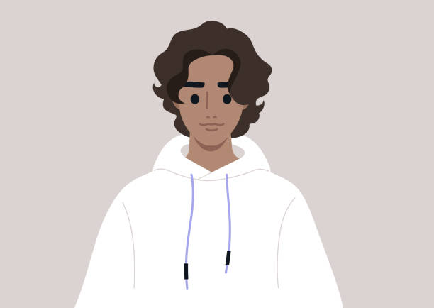 illustrazioni stock, clip art, cartoni animati e icone di tendenza di un giovane personaggio adolescente con una lunga acconciatura ondulata - brown boy