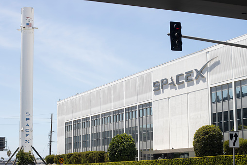 Hawthorne, CA, USA - May 10, 2022: Exterior view of the SpaceX headquarters in Hawthorne, California. SpaceX is an American aerospace manufacturer and space transportation services provider.