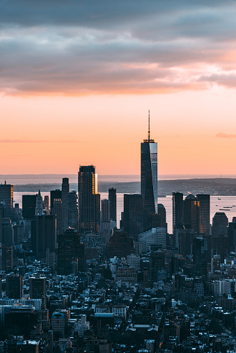 Aerial View of Downtown Manhattan at Sunset / NYC