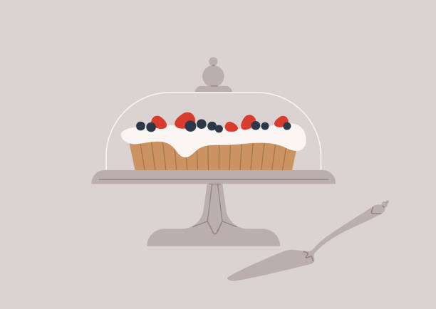 illustrations, cliparts, dessins animés et icônes de un gâteau aux baies recouvert d’un dôme vintage en verre et en métal, français pâtisserie - retro revival baking domestic kitchen food
