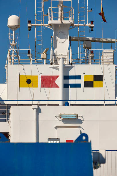 Nautical flags on a cruise ship. Navigation symbols. Transportation