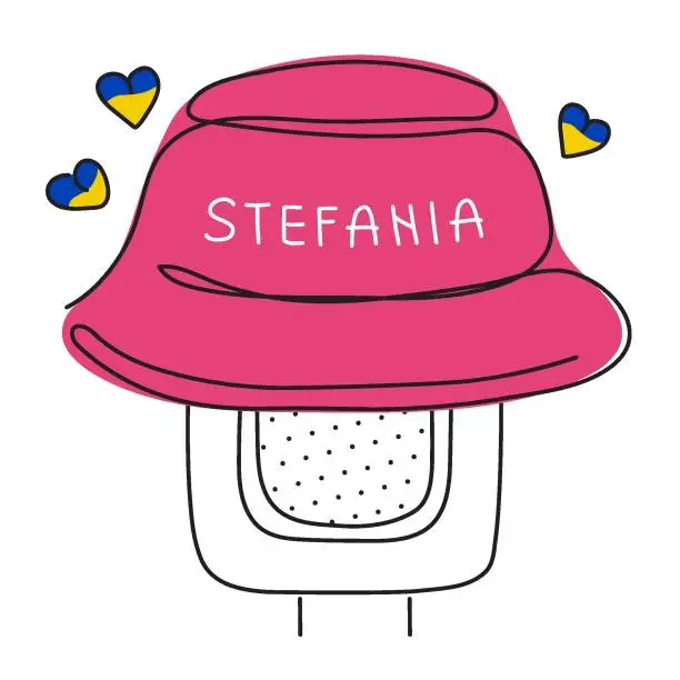 Vector illustration of Pink bucket hat on award music microphone and lettering Stefania. Global politics, NO WAR, aggression problem picture in one line art style