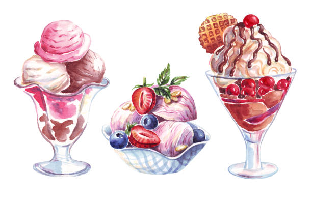 illustrations, cliparts, dessins animés et icônes de ensemble de glaces. illustration à l’aquarelle. peint à la main - ice cream sundae ice cream chocolate