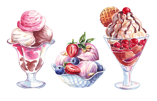 Ice creams set. Watercolor illustration. Hand-painted