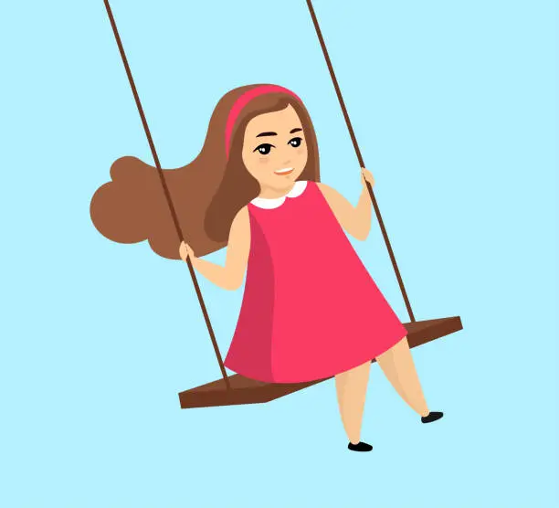 Vector illustration of Smiling swinging girl with loose hair in pink dress. Happy cute little female kid play swing. Vector illustration