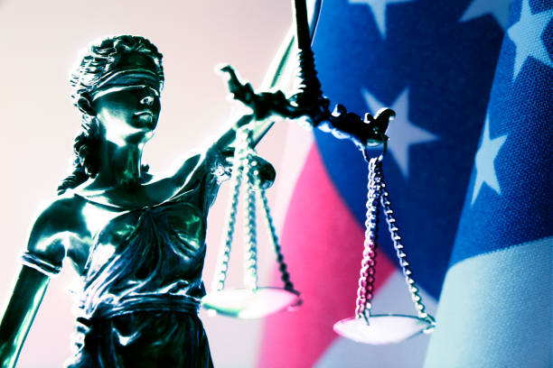 istock Lady Justice And Patriotic Background 1397938829