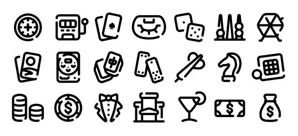 Casino and gambling icon set (Soft bold line version) This is a set of casino and gambling icons. This is a set of simple icons that can be used for website decoration, user interface, advertising works, and other digital illustrations. pachinko machine stock illustrations
