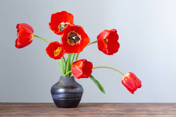 istock red tulips in dark ceramic vase on wooden table 1397941755