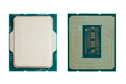CPU - central processing unit of computer isolated on white. Top and bottom view.