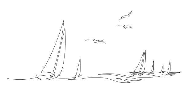 ilustrações de stock, clip art, desenhos animados e ícones de yachts on sea waves. seagull in the sky. draw one continuous line. vector illustration. isolated on white background - sea water single object sailboat