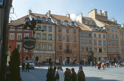 Krakow, Poland, 2000. In downtown Krakow. Also: tourists, locals, buildings and shops.