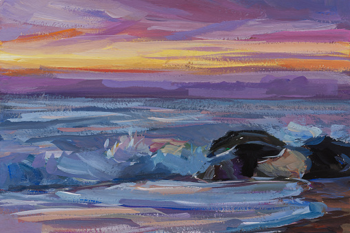 Sea purple painting. A bright purple sunset on the ocean coast. Beautiful sea with clouds. The original gouache painting. The concept of travel, vacation, relaxation. Summer holidays. Contemporary art